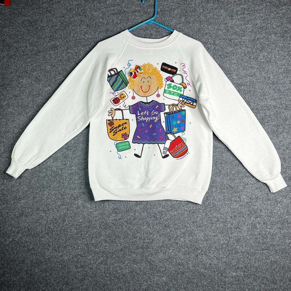 Vintage Let's Go Shopping Sweatshirt Art Cockadoodles Hanes‎ M Colorful Rare
